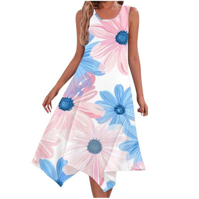 Ladies Summer Tops Impreso sin Mangas Cuello Redondo Vestido Casual para Uso Diario Y Casual