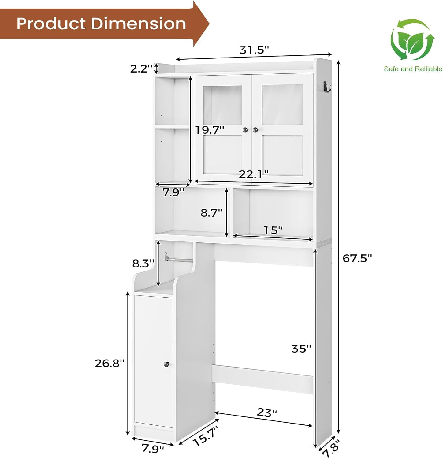 Over The Toilet Storage Cabinet with 3 Doors, Farmhouse Space Saver for Bathroom Organizer with Paper Holder, 10 Shelves and Hooks, 7-Tier Over Washing Machine Cabinet for Laundry, Bathroom, White