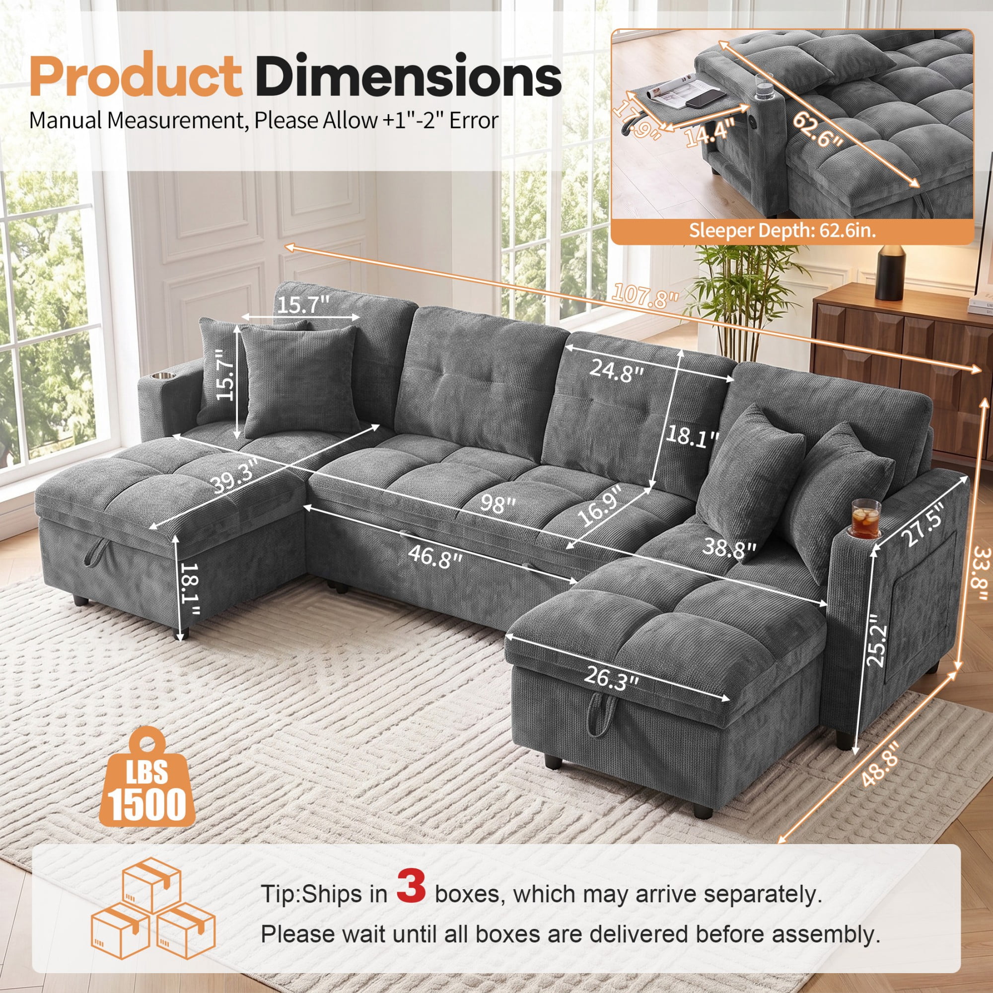DEALTOPS 108" Chenille U-Shaped Sectional Pull Out Sleeper Sofa Bed with Storage Chaise, USB & Tray Table, Gray