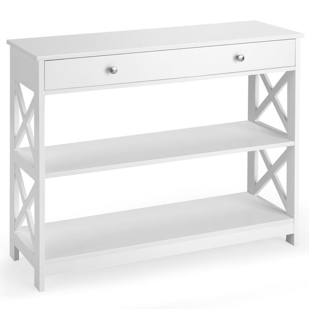 Costway Mesa Auxiliar con 1 Cajón y 2 Repisas Mesa para Entrada con Diseño en X para Entrada Salón y Pasillo Blanco 100 x 30 x 80 cm