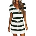 thumbnail image 1 of Women Striped Contrast Color Short Sleeves Tie Waist Mini Dress with Pocket, 1 of 2