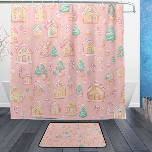 Candy House Pattern Bathroom Accessory Sets Waterproof Shower Curtain with Anti-Slip Bath Mat Durable Combo