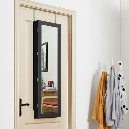 Costway Wall Door Mounted Mirror Jewelry Cabinet Organizer w/LED Lights - Black