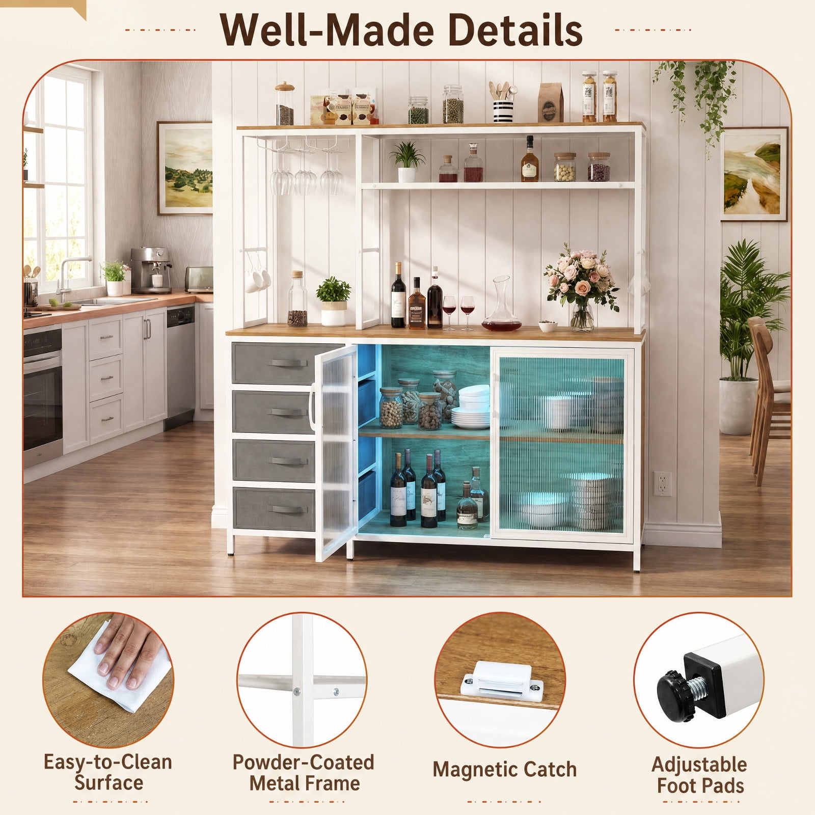 Furnibear Sideboard Buffet Cabinet with LED Lights 55 inch Coffee Table with Power Outlets for Kitchen Dining Living Room Buffet Storage, Natural
