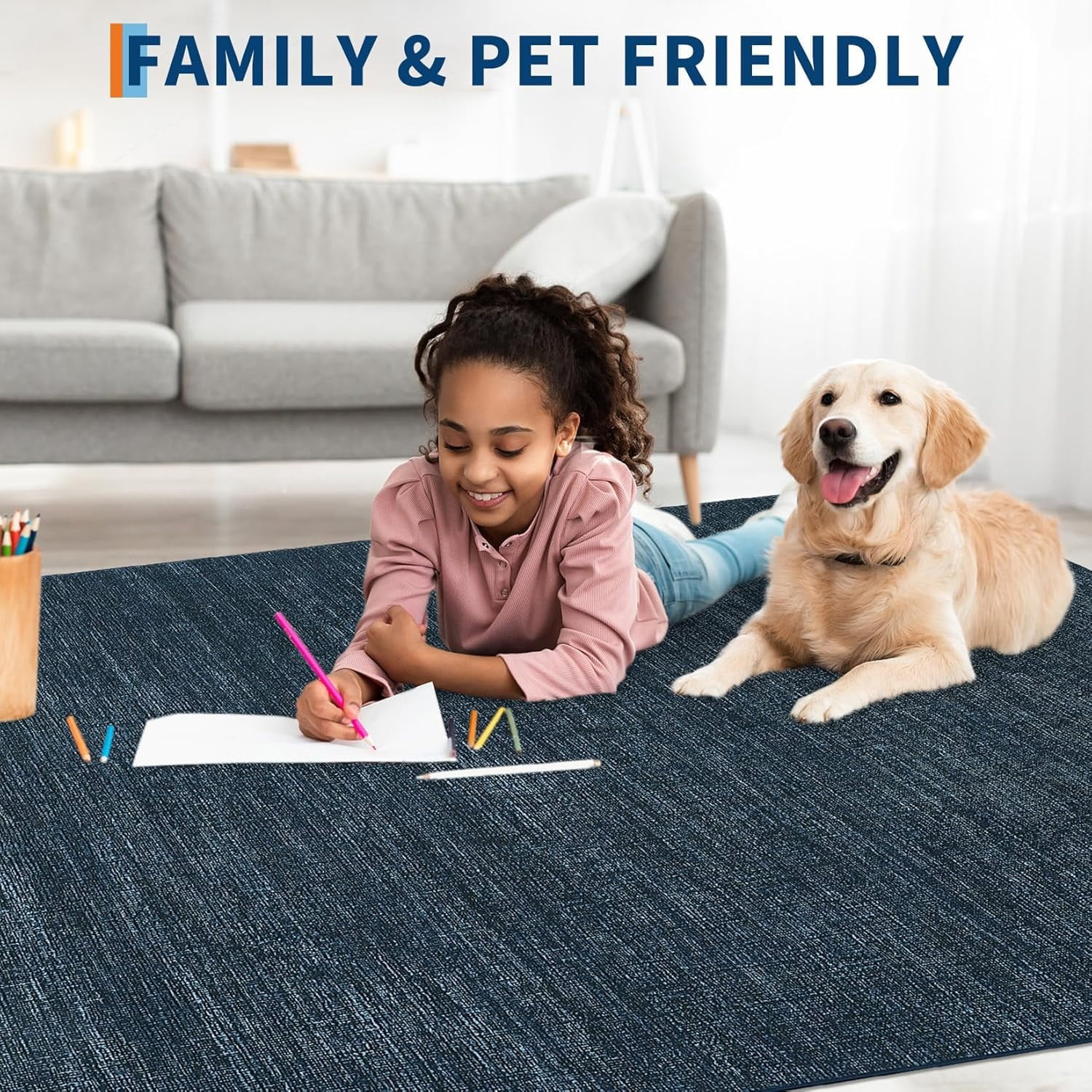 Memoryfield 9' x 12' Modern Area Rug, Washable Floor Cover, Non-Slip, Stain-Resistant Low-Pile Carpet for Living Room, Bedroom, Dining Room, Blue