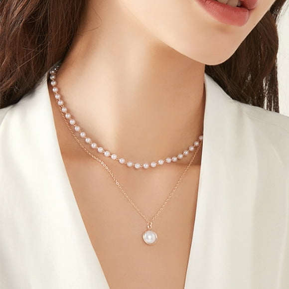 Rvkxad Stylish Double Pearl Choker Necklace, Alloy Silver Clavicle Chain for Women Wedding Party Daily Wear, Pearl Pendant Fashion Jewelry