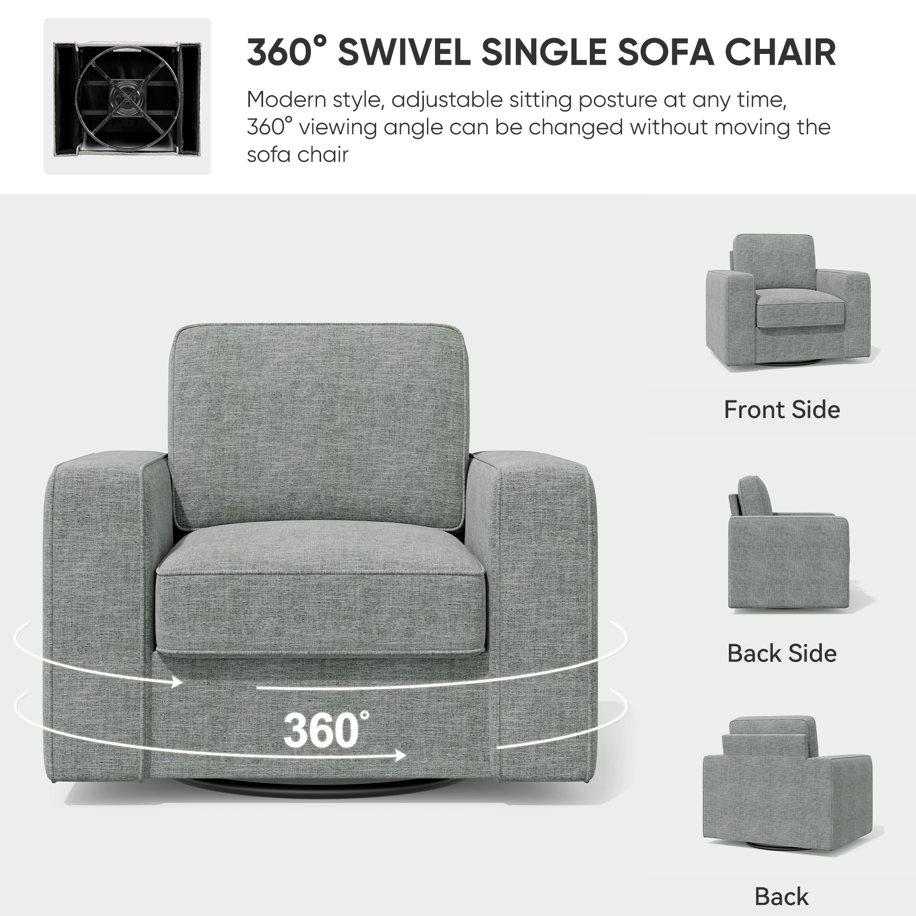 Hawsaiy Swivel Accent Chair, Mid-Century Modern Linen Armchair with Extra Wide Armrests, Comfy Single Sofa Chair for Living Room, Bedroom, Office,Gray