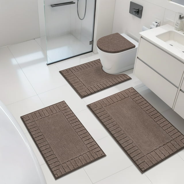 MeyJey Juego de 4 Tapetes de Baño, Tapetes de Baño, Tapete de Baño de Microfibra Antideslizante, Ultra Suave, con Contorno en Forma de U, Tapete de Baño para Baño, Ducha en el Suelo Interior, Marrón
