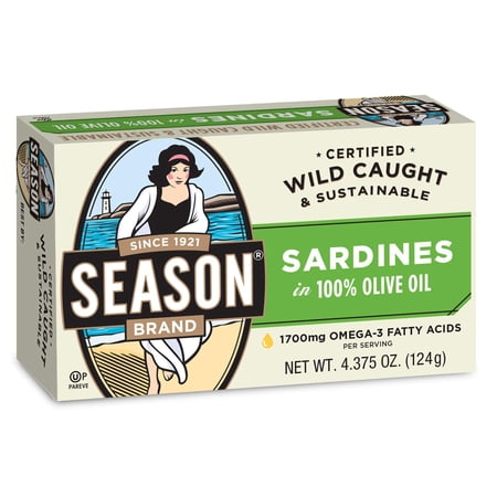 Season Sardines in 100% Pure Olive Oil  4.375-Ounce Tins (Pack of 12)