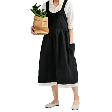 

TFFR Women s Cotton and Linen Overall Jumper Midi Bib Dress Adjustable Strap Apron Kitchen Cooking Cleaning Fancy Dress