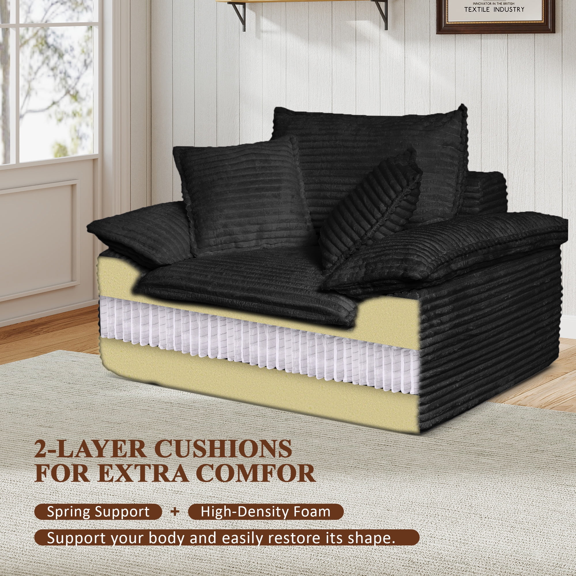 Aukfa 63.5" Oversized Chaise Lounge Sofa with Movable 2-Layer Ottoman, Deep Seat Boneless Couch, Corduroy Lounge Chair, Black
