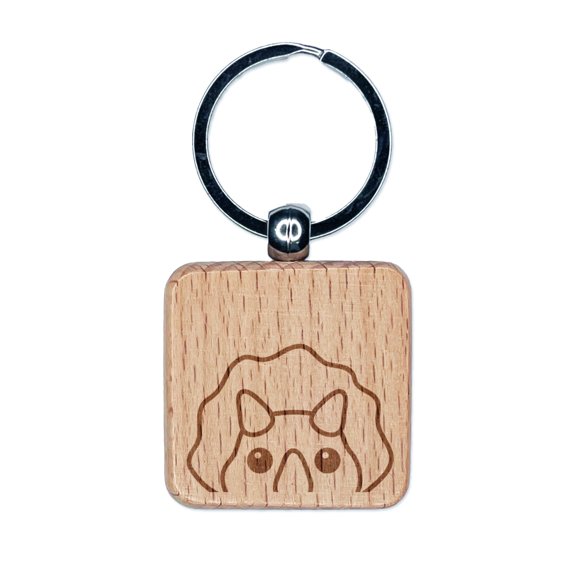 Peeking Dinosaur Triceratops Square Keychain Charm Tag - Engraved Wood