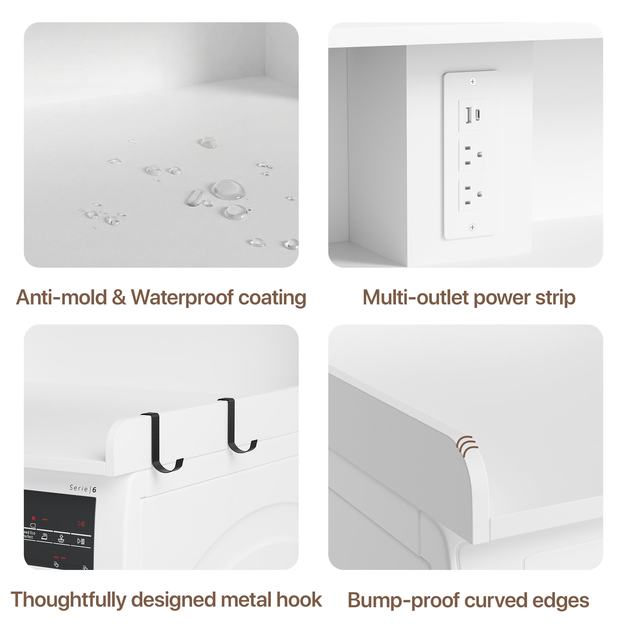 YDN 2-Tier Large Laundry Countertop with Power Outlet & LED Lights, 54" Washer Dryer Countertop for Laundry Room Organization,Washer and Dryer Topper W/ Storage Basket,Metal Hooks,Non-Slip Pad,White