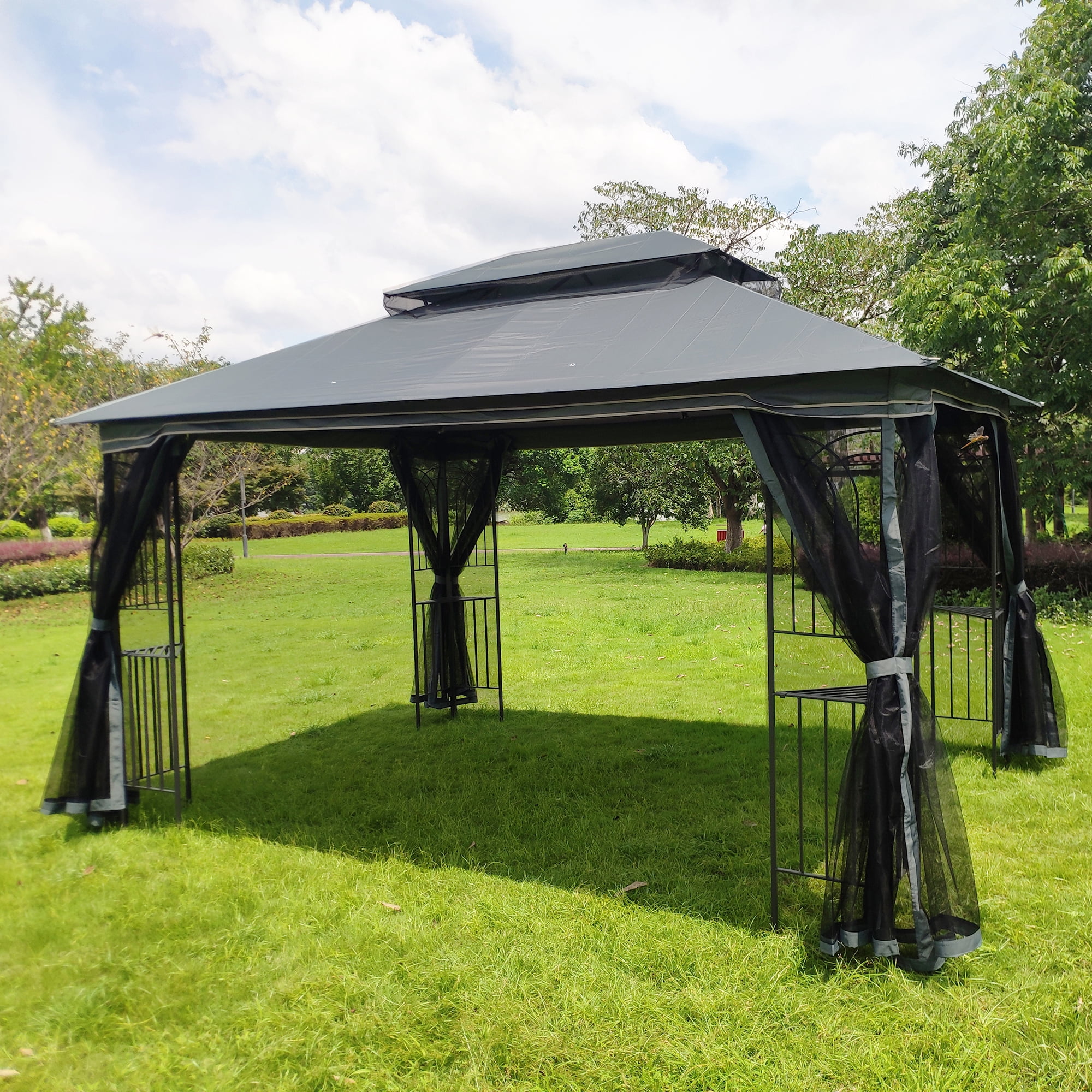 Royard Oaktree Patio Gazebo 13x10 Ft Outdoor Canopy Gazebo with Mosquito Netting and Corner Shelf Ventilation Double Roof Party Tent for Lawn Backyard Garden Deck,Gray