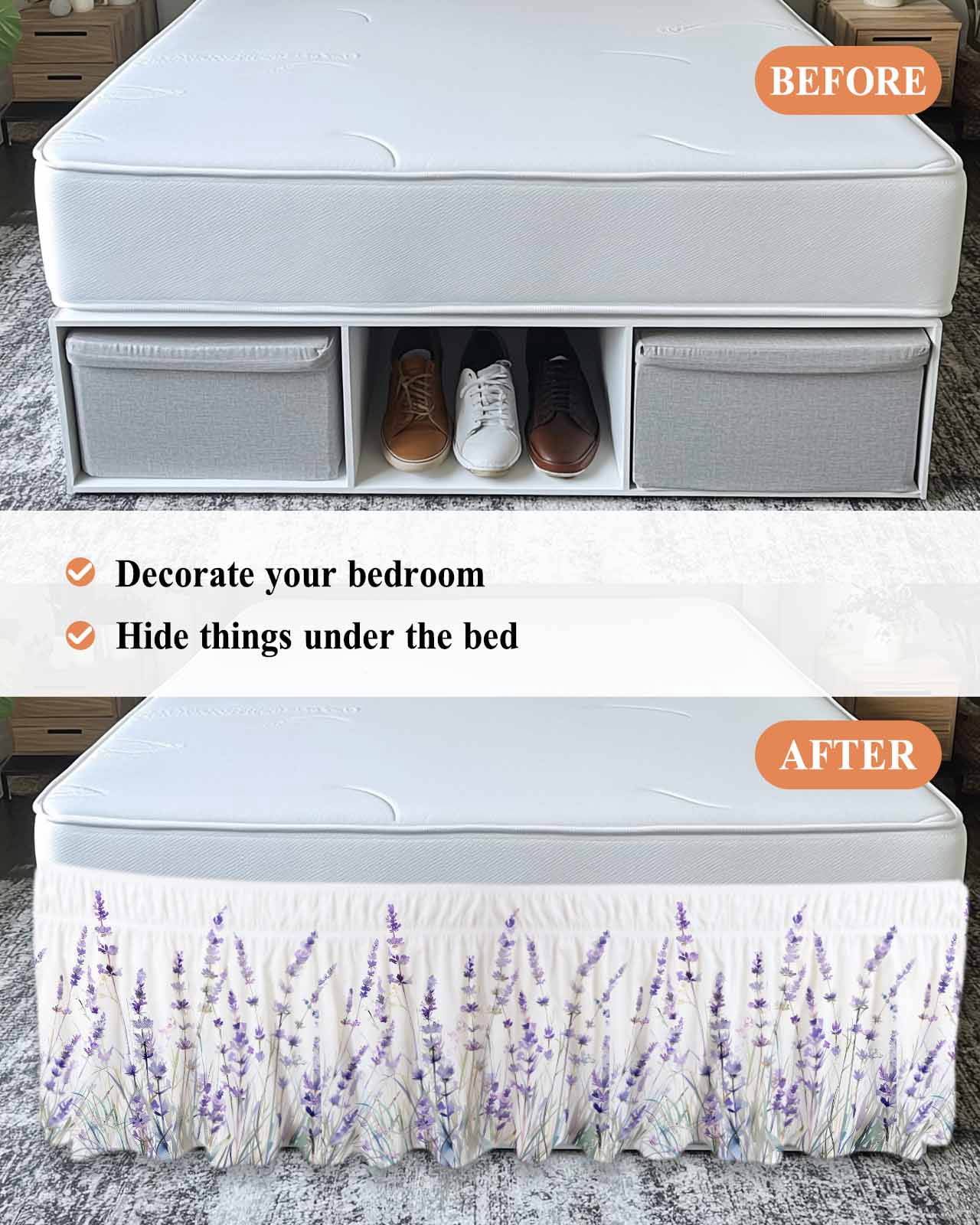 Lavender Floral Wrap Around Bed Skirts for Queen Bed 18" Drop, Bed Skirt with Adjustable Elastic Belt Dust Ruffle Bed Valance for Bedroom Hotel Luxury Spring Flowers Botanical Plants Bed Frame Cover