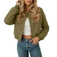 thumbnail image 2 of HOWPAY Bomber Jackets for Women Short Cropped Button down Long Sleeve Coats with Pockets Vintage Solid Color Casual Outerwear Fall Winter Clothes Army Green M, 2 of 4