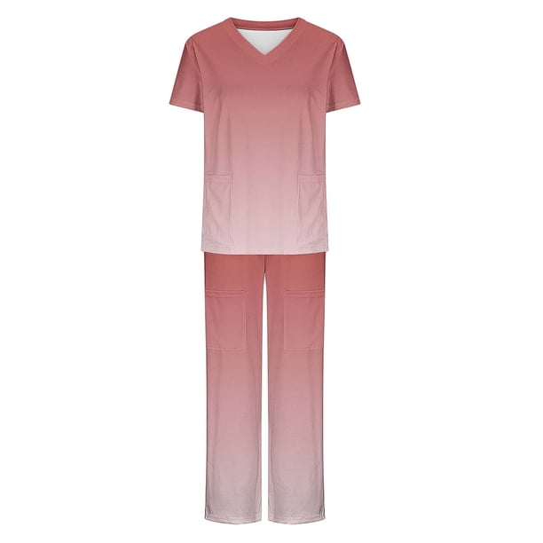 Camisetas de Manga Larga Mujeres Imprimir Manga Corta V-Cuello Superior Y Pantalones Largos Traje de Trabajo Conjunto, Nylon para Primavera Verano Casual