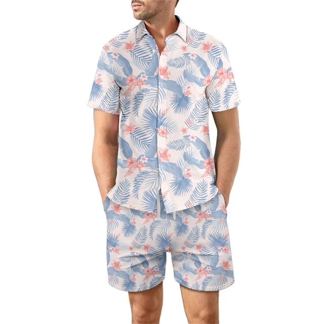 Camisa de algodón de manga corta para hombre, pantalones cortos, informal, hawaiano, traje de dos piezas Pompotops oipoqjl35533