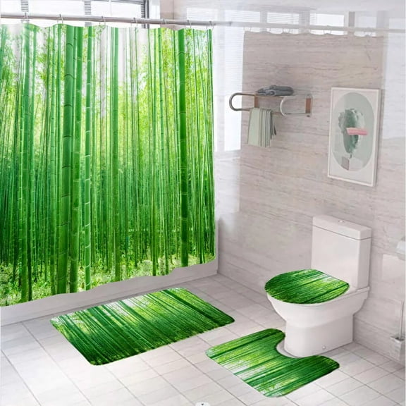 Bamboo Forest 3D Shower Curtain 4Pcs Set Green Plant Scenery Bathroom Curtains Non-Slip Rug Toilet Lid Cover Bath Mat with