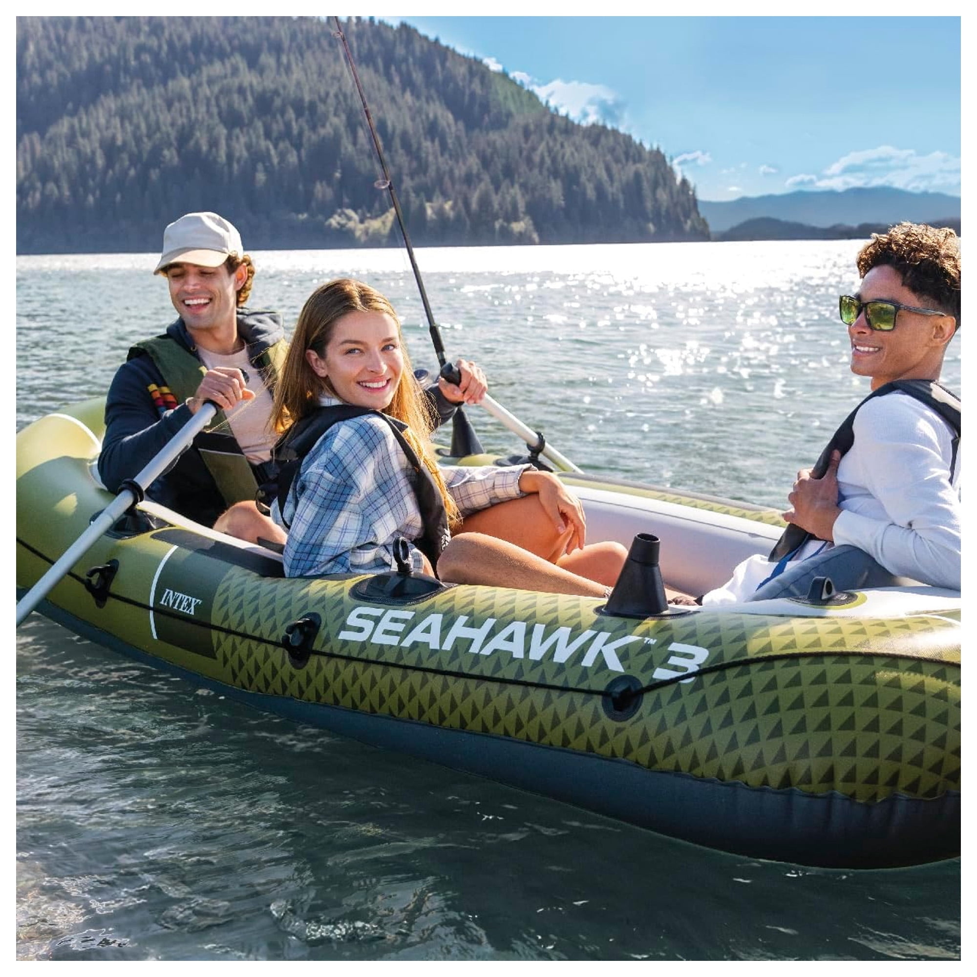 INTEX 66333EP Seahawk 3 Inflatable Boat Set with 54" Oars, Pump, & Fishing Rod Holders