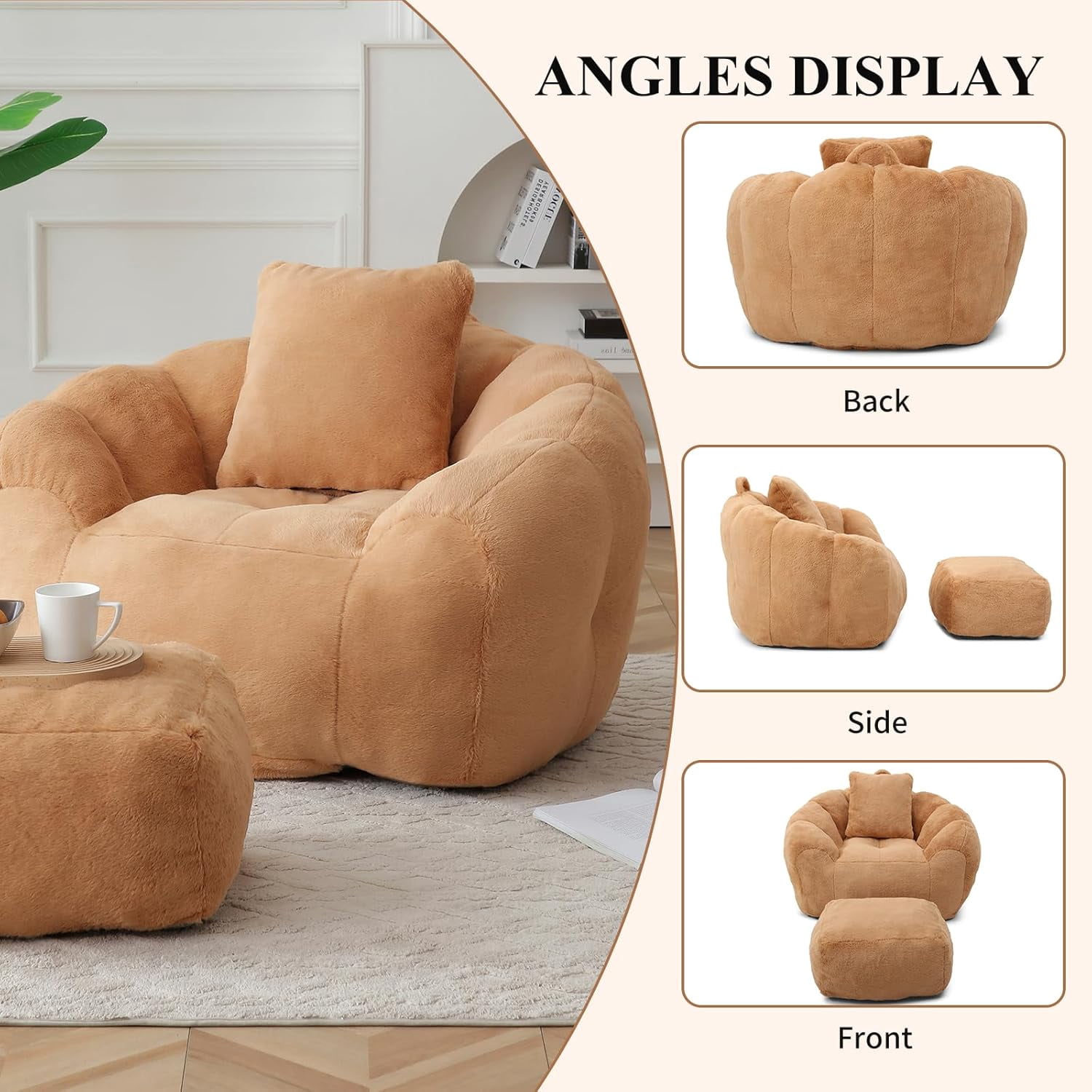 Howcool Giant Oversized Bean Bag Chair with Footstool,45.4" Faux Fur Shell-Shaped Lounge Chair,Pre-Filled Foam Floor Sofa for Adults & Kids, Comfy Gaming Reading Chair for Living Room Bedroom, Khaki