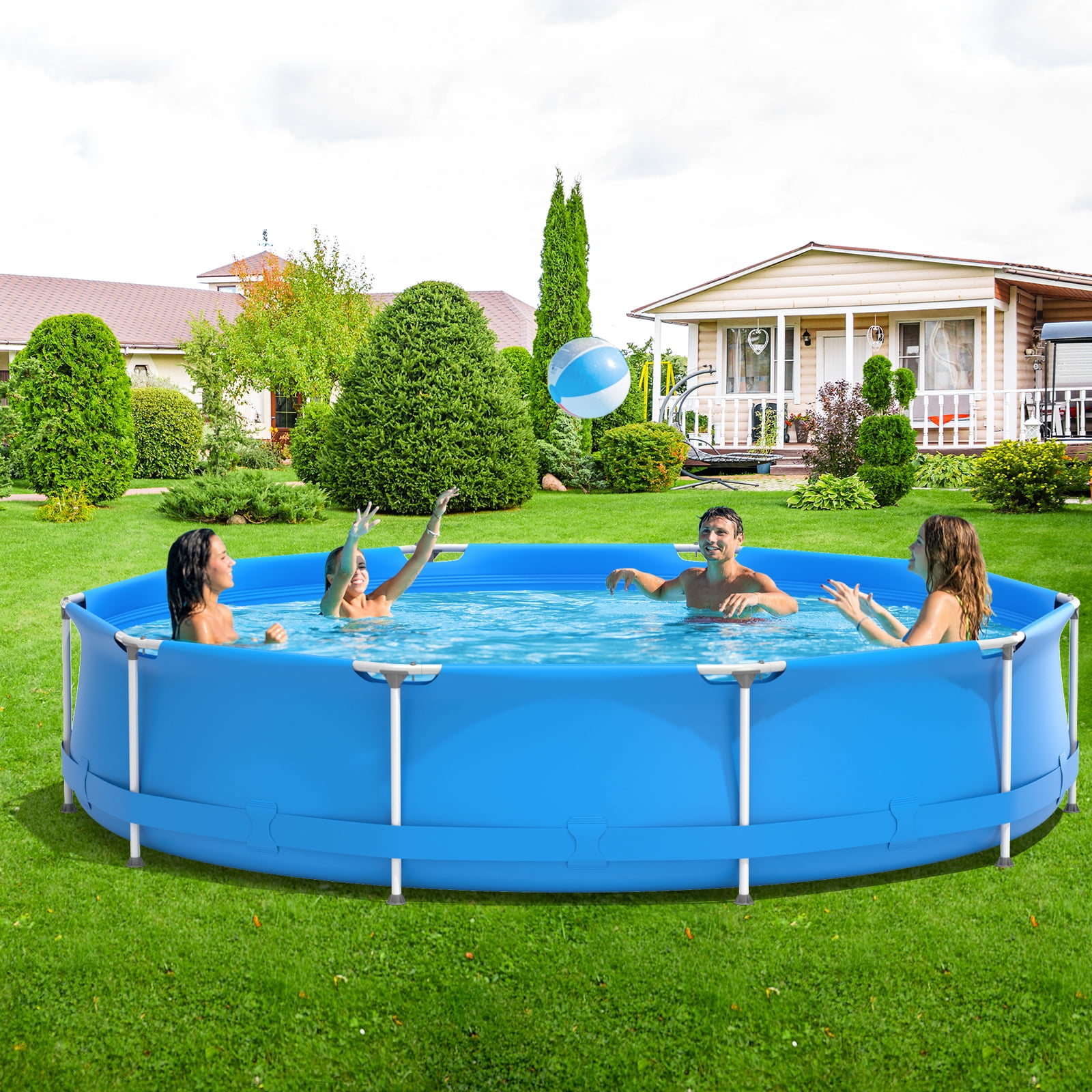 Infans Round Above Ground Swimming Pool Patio Frame Pool W/ Pool Cover Iron Frame Blue