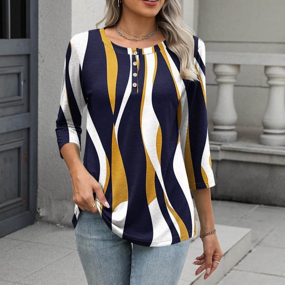 Women's Casual 3/4 Sleeve Printed Round Neck Loose Fit T-Shirt Top for Everyday Wear