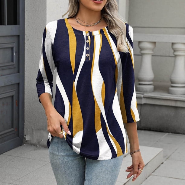 TaTaai 3/4 Sleeve T-Shirt Skin-Friendly Lightweight Women's Fashion Printed Button Round Neck Loose Casual All Occasion Daily Wear Top Gift