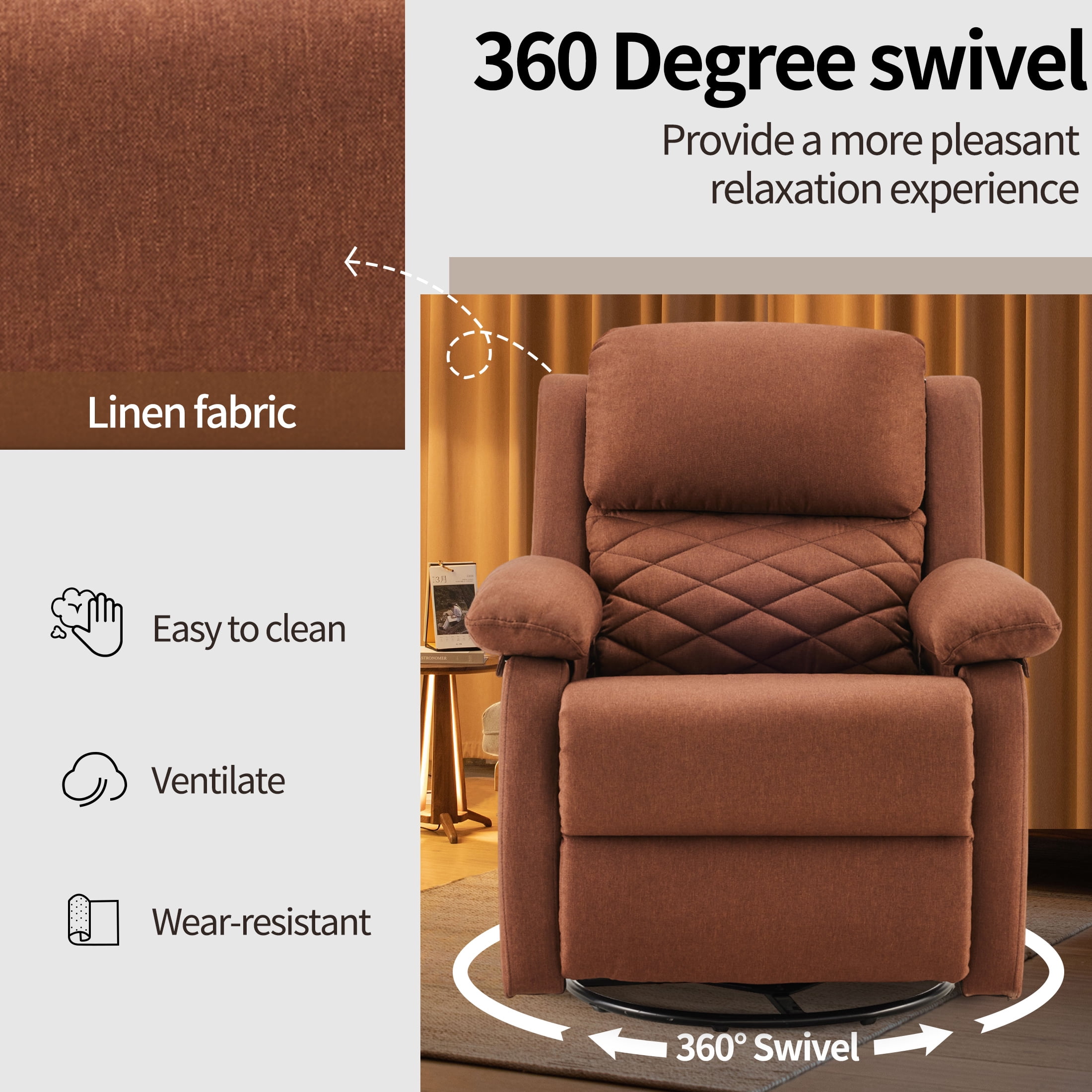 YOUDENOVA 360° Swivel Rocker Recliner Chair for Small Spaces for Living Room,Upholstered Linen Fabric Glider Nursery Chair with Side Pockets,Brown