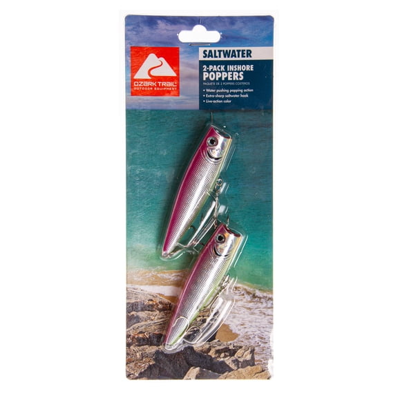 Ozark Trails Hard Plastic Saltwater Inshore Popper Fishing Lures, 2-Pack, Painted in Fish Attracting Colors