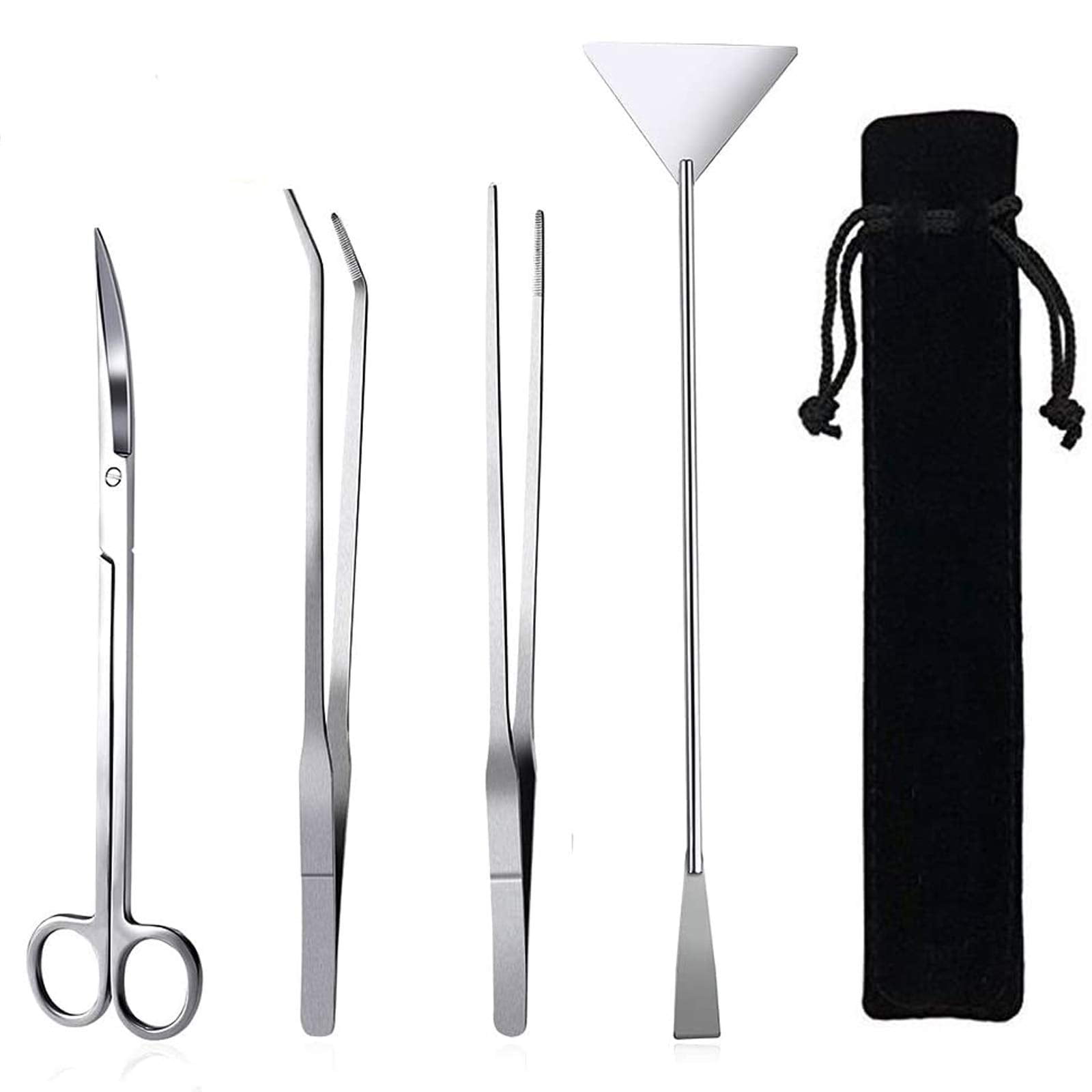 4-in-1 Aquarium Aquascape Tool Kit – Long Stainless Steel Tweezers Curved Scissors & Spatula for Aquatic Plant Trimming Fish Tank Starter Set & Terrarium