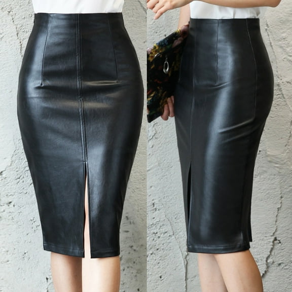 USSUMA Skirts for Women Trendy Summer Midi Skirt Solid Color High Waist Vent Slim Zipper Mid-Calf Skirt Leather Elegant Dress Comfortable Skirts Date today Discount Black Skirt for Women Polyester L