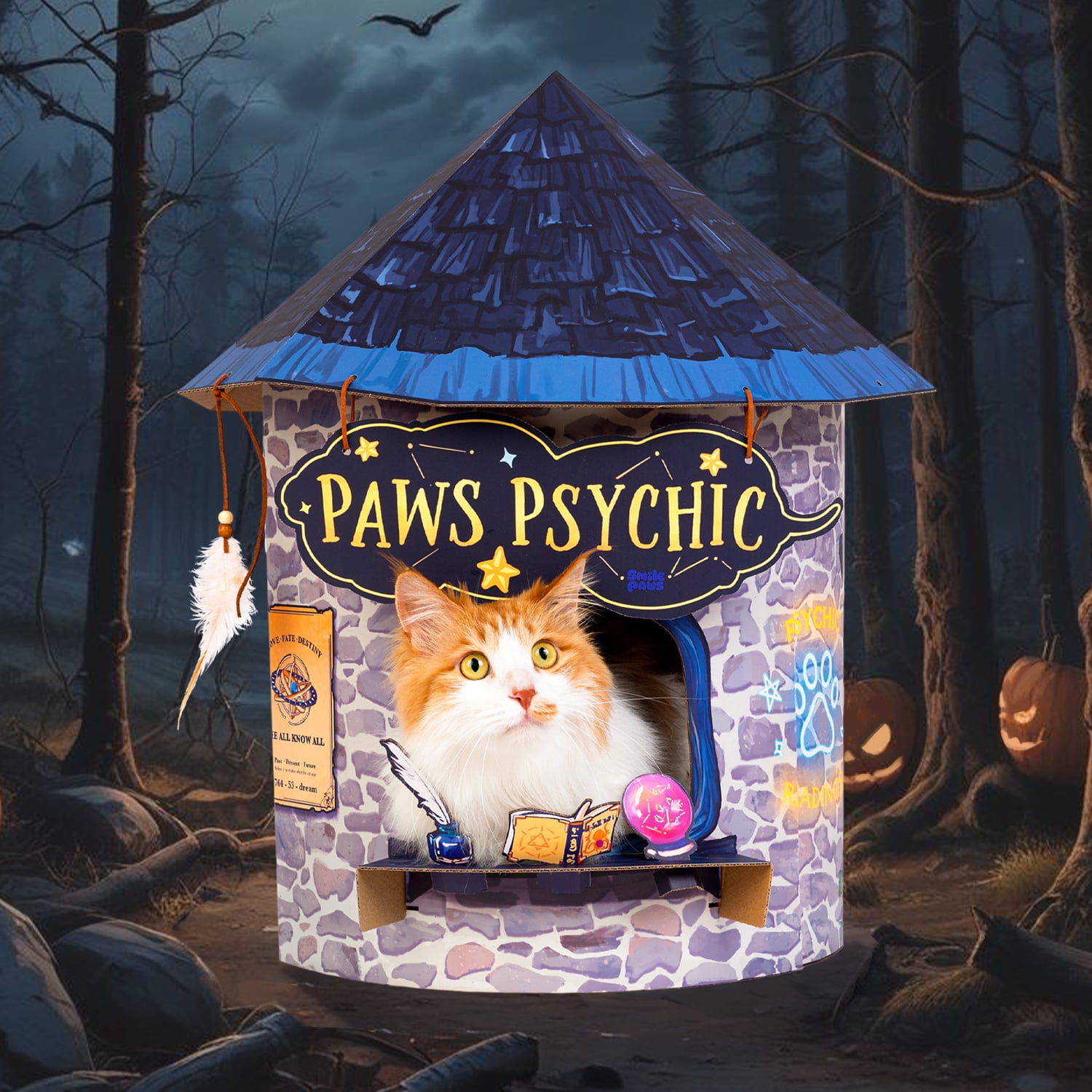 SMILE PAWS Large Sturdy Cardboard Cat House with Scratcher Paws Psychic House