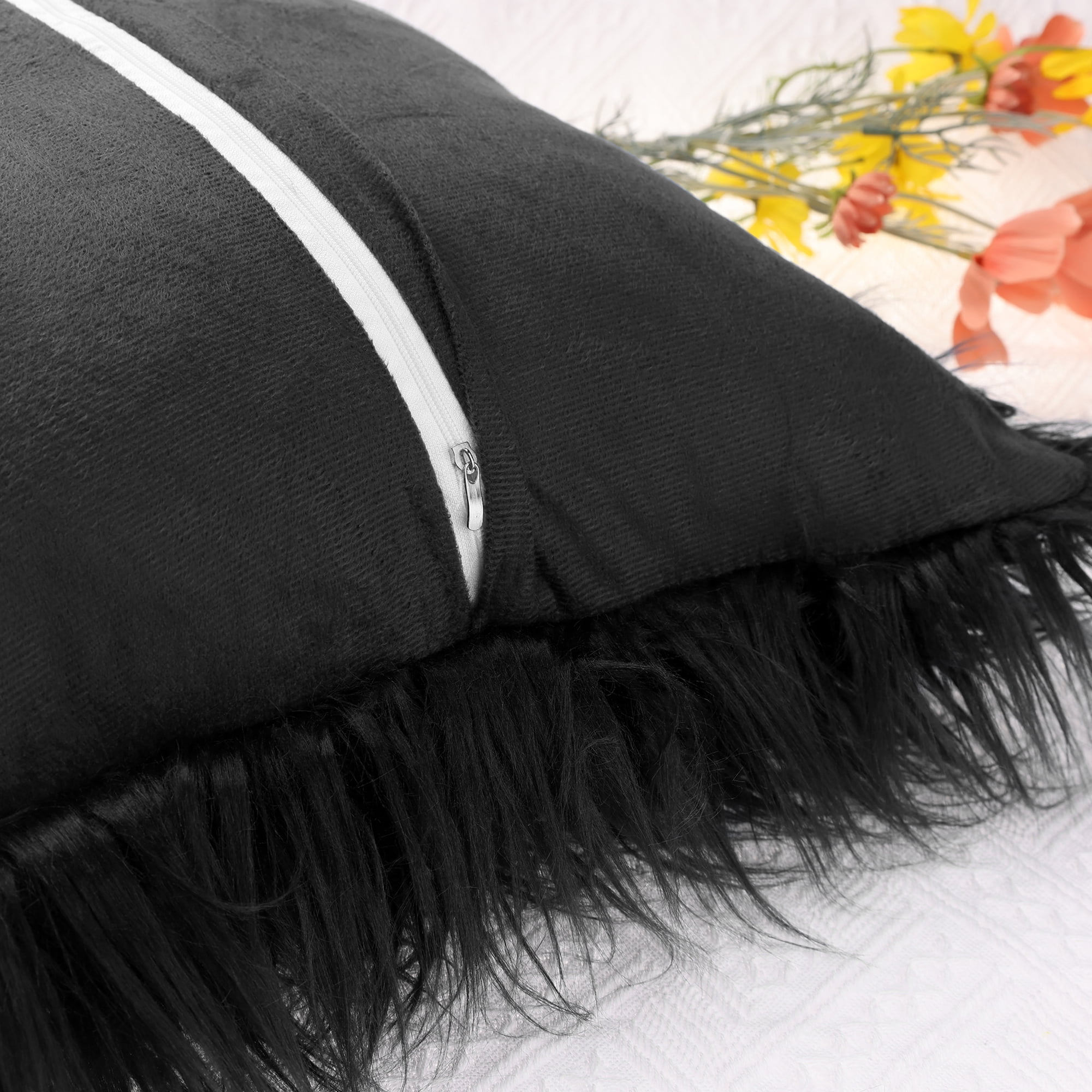 Unique Bargains Faux Fluffy Zipper Closure Cushion Covers Throw Pillow Covers (2 Count) Black 18" x 18"