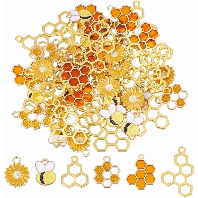 60 colgantes de abeja con forma de panal, 6 estilos diferentes: esmaltados, con forma de abeja y margarita. Colgante hueco de aleación con forma de panal de abeja.
