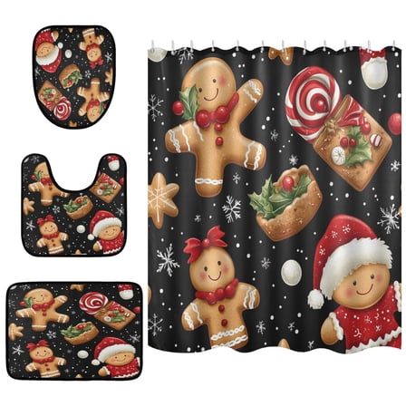 Christmas Gingerbread Men Bathroom Accessory Curtain Sets Bath Curtain Anti-Slip Mats and Toilet Pad 66x72in