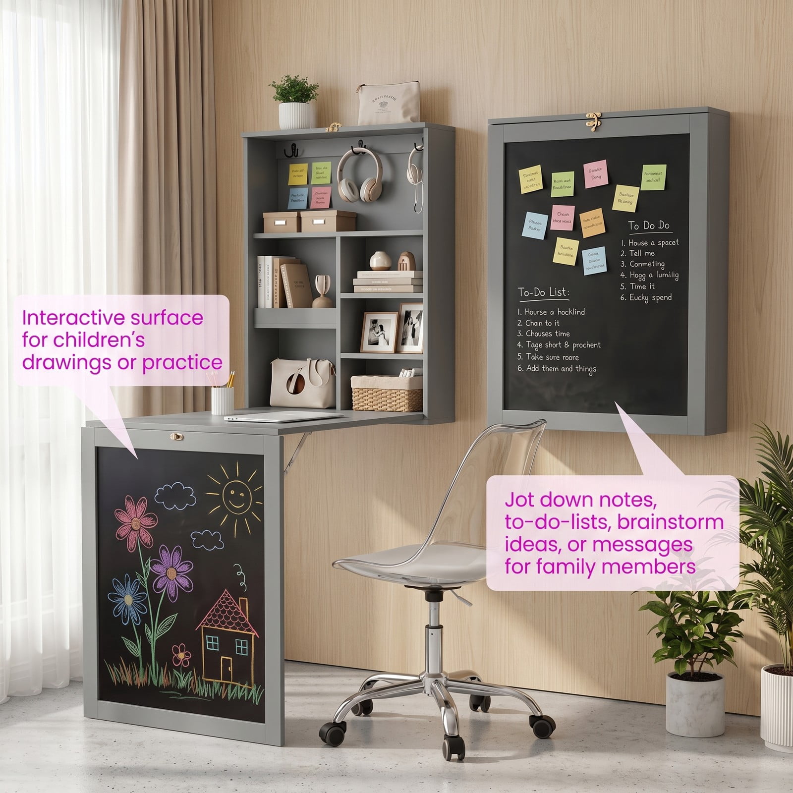 Furnibear Convertible Wall Mounted Folding Table with Chalkboard, Fold Down Space Saving Wall Desk with 6 Storage Cubes and 3 Hooks for Kids Study Home Office, Gray