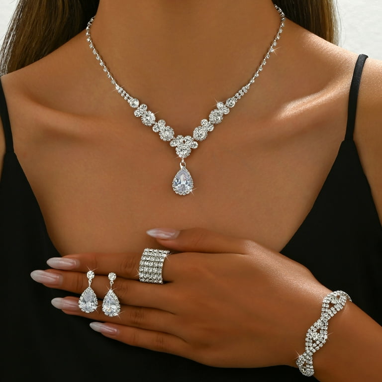 Sdmnsg-T Rhinestone Bridal Wedding Jewelry Set Silver Necklace Earrings  Sets Crystal Formal Prom Costume Jewelry Sets for Women and Brides
