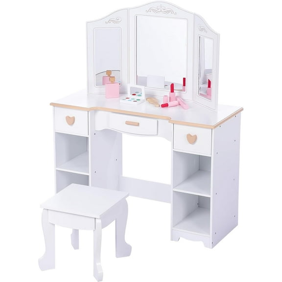 Kids Vanity Princess Makeup Desk & Chair Set with Tri-Folding Detachable Mirror and Stool Pretend Play Girls Vanity Set Kids Makeup Vanity Table Set Children Makeup Dressing Table with Drawer White