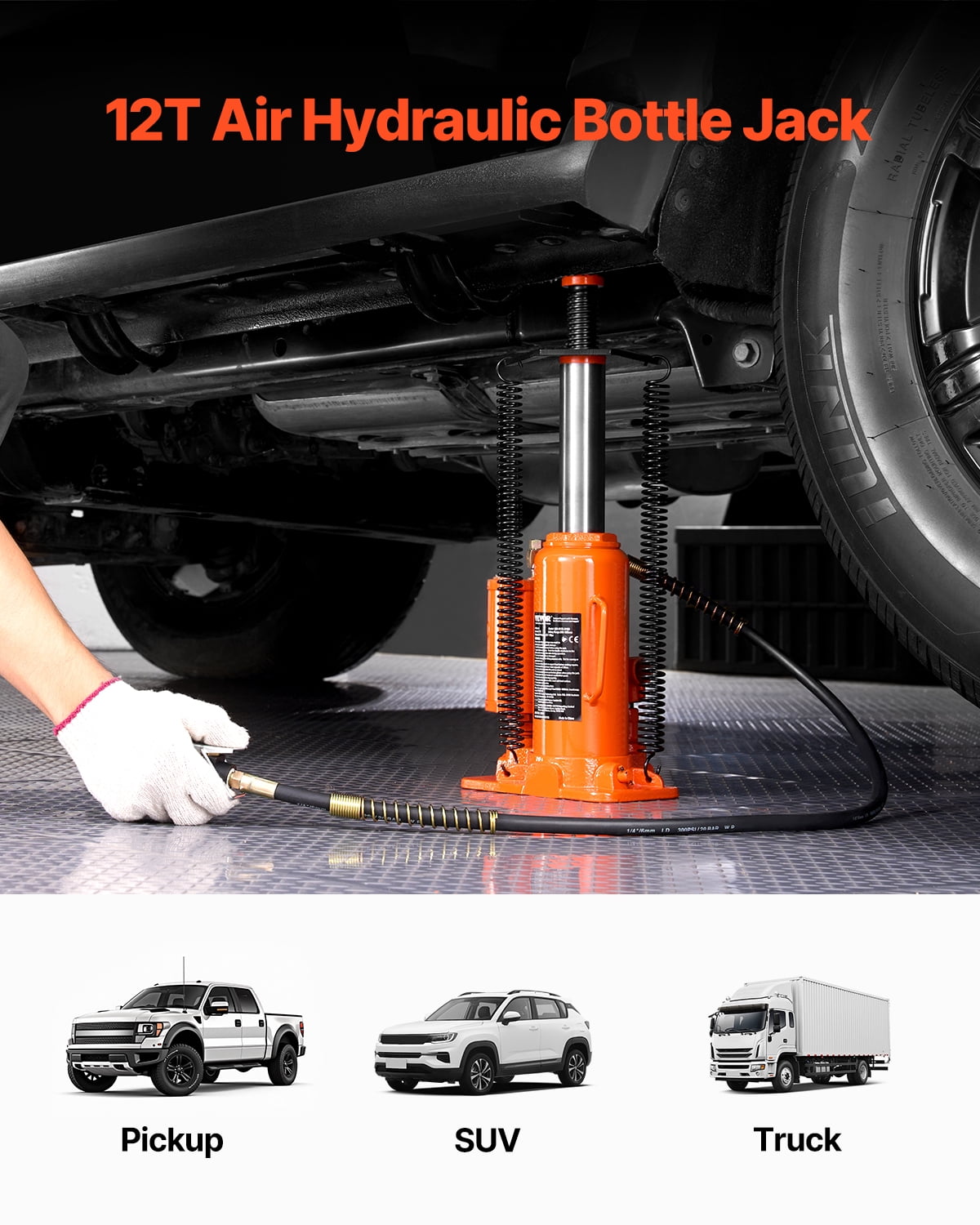 VEVOR Air Hydraulic Bottle Jack, 12 Ton/26455 lbs Pneumatic Hydraulic Bottle Jack with 10.43''-19.88'' Lifting Range & Manual Hand Pump
