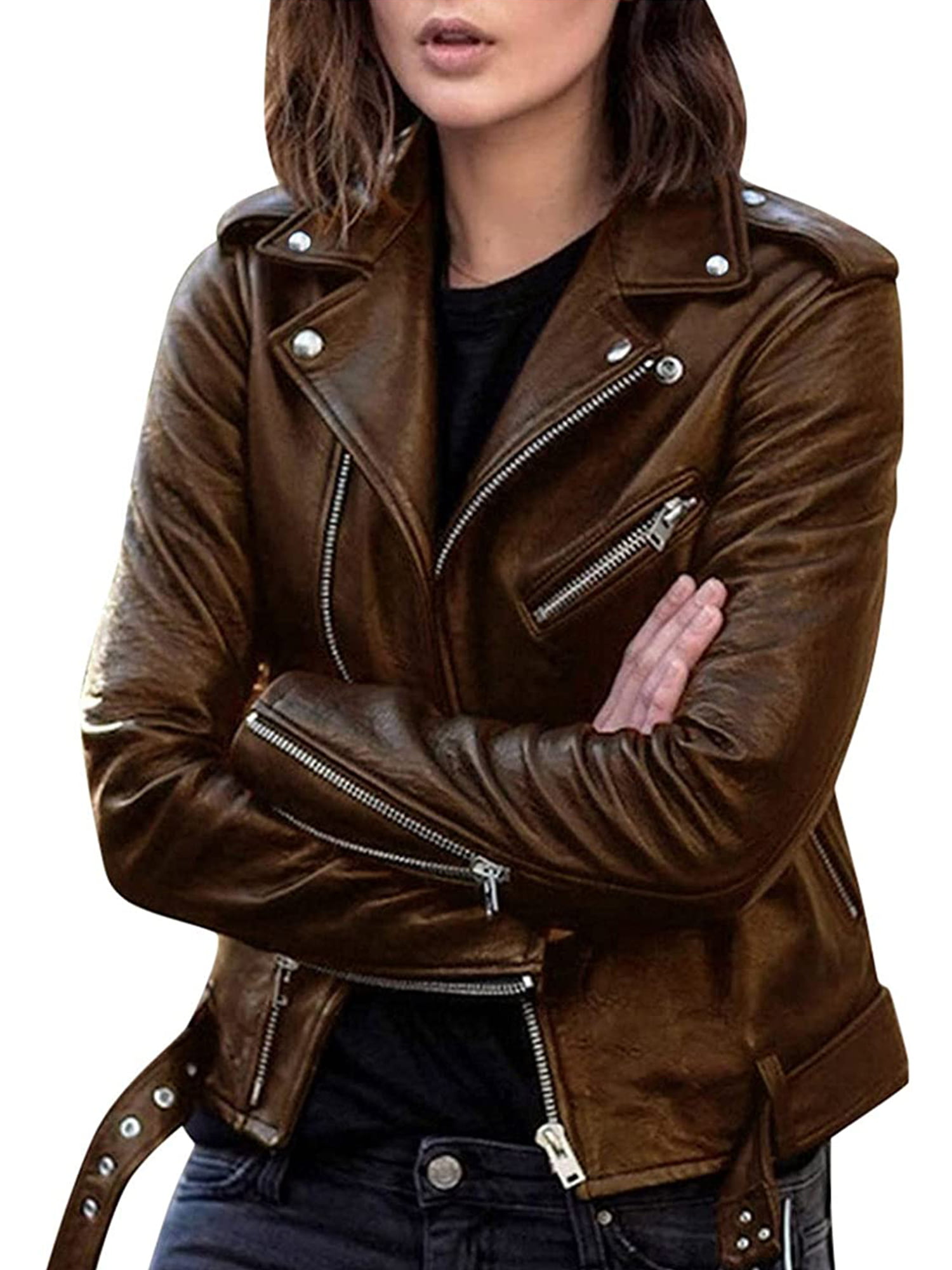 Cool Women PU Leather Jacket Motorcycle Biker Slim Jacket Zipper Coat Outwear