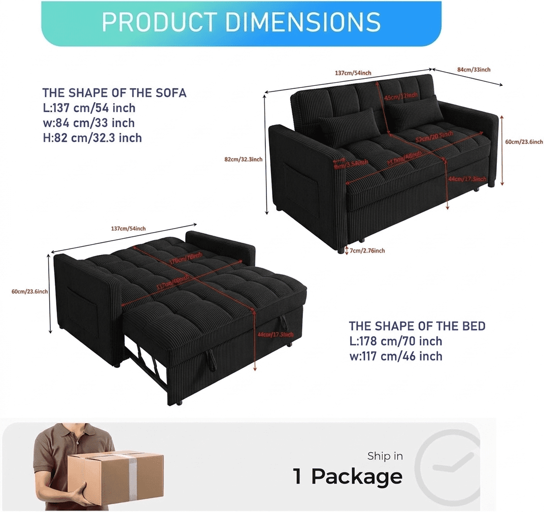 Howcool Sleeper Sofa Bed, Pull Out Couch, 3-in-1 Convertible Loveseat Sofa with Adjustable Backrest, Corduroy Couch for Living Room, Apartment & Small Space, Black