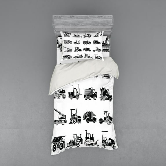 Ambesonne Cartoon Bedding Set 3 Pcs, Heavy Machinery Mining, Twin, White Black