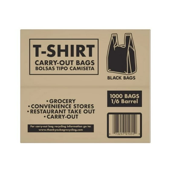Poly America 1,000 Count Black T-Shirt Carryout Bags, 11.5" x 6.5" x 22"