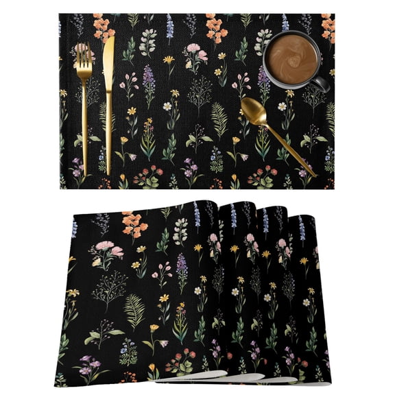 Wildflowers Placemats Set of 12, Rustic Yellow Pink Floral Green Leaves Stems Grasses Non-Slip Place Mats Washable Table Mats for Kitchen Dining Table Decorations Indoor/Outdoor