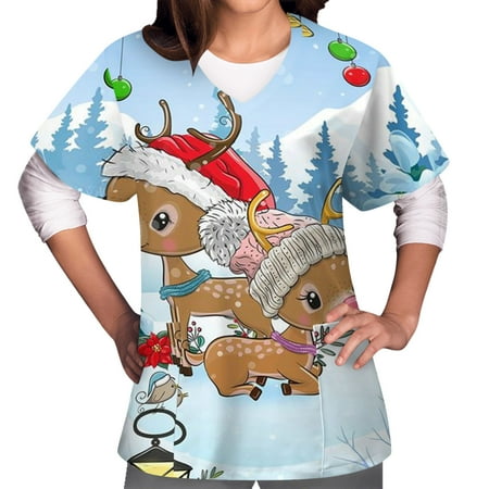 

jsaierl Christmas Scrub Tops Women Short Sleeve V-Neck Deer Graphic Top Working T Shirts Nurse Uniform Soft Lightweight Blouse Tees with Pockets