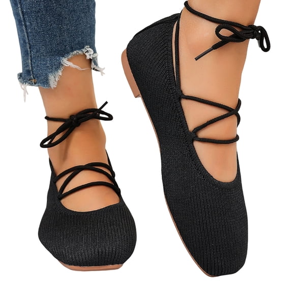 Rokment Womens Strappy Ballet Flat Stylish Casual Comfortable Knit Square Toe Low Heel Slip on Walking Loafers Mary Jane Dressy Shoes Fall Black Size 6