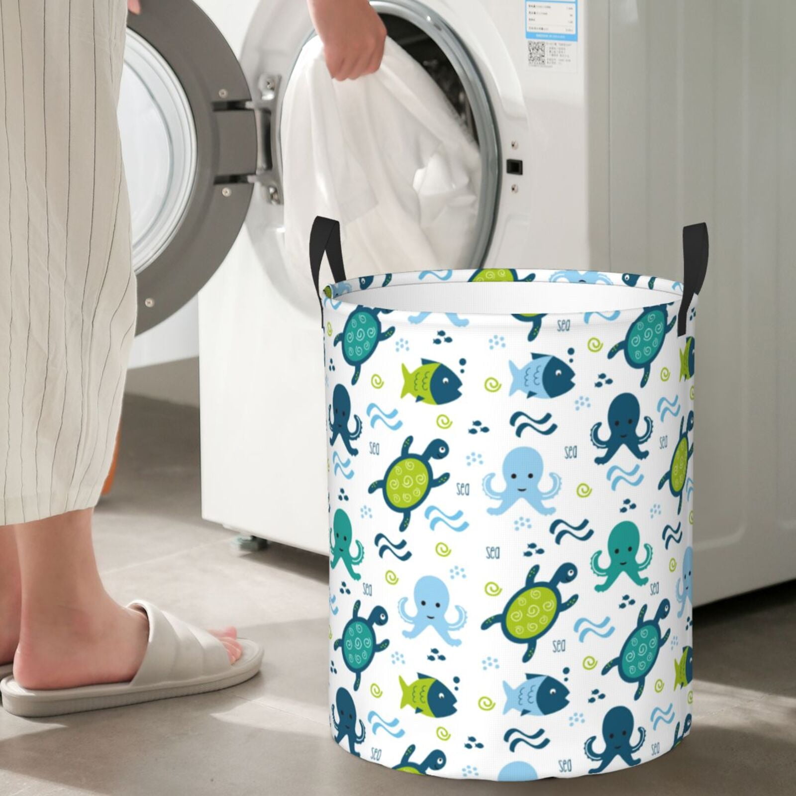Large Laundry Basket with Handles - Cartoon Sea creatures Kids Baby Dirty Clothes Laundry Hamper for Bedroom Aesthetic