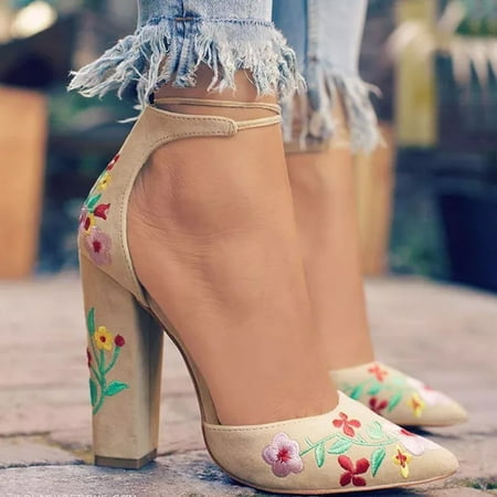 

HIMIWAY Sandals Women Women s Sandals Embroidered Frosted Thick Heeled Ladies Sandals High Heeled Women s Shoes Beige 40