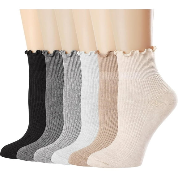 Womens Socks, Size 9-11, Ruffle Turn-Cuff Casual Ankle Breathable Cool Knit Cotton Lettuce Crew Frilly Sock 6 Pack